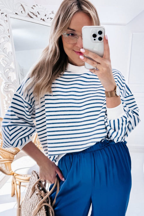 Striped Mock Neck Oversized Dolman Sleeve Pullover Sweatshirt