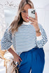 Striped Mock Neck Oversized Dolman Sleeve Pullover Sweatshirt