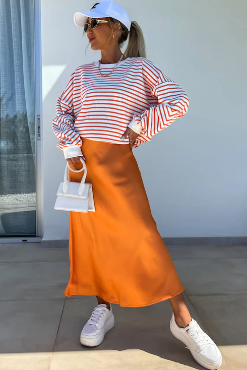 Striped Mock Neck Oversized Dolman Sleeve Pullover Sweatshirt