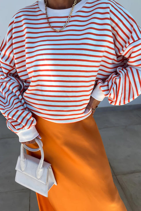 Striped Mock Neck Oversized Dolman Sleeve Pullover Sweatshirt