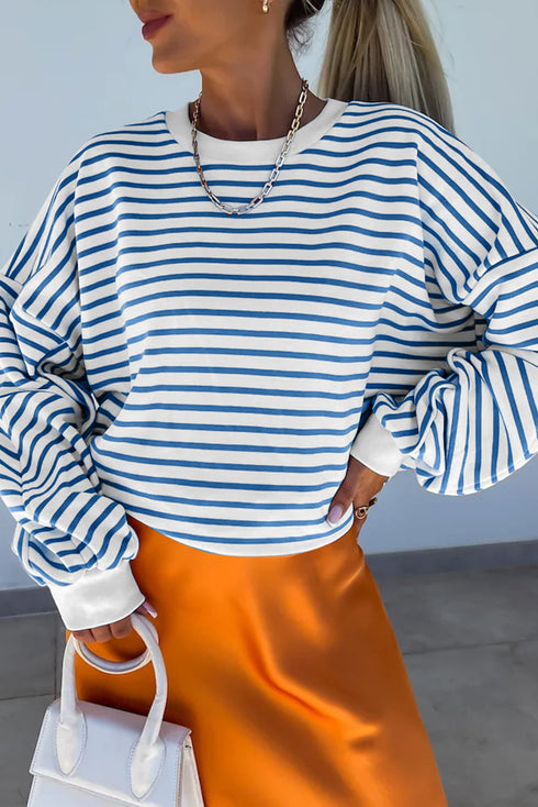 Striped Mock Neck Oversized Dolman Sleeve Pullover Sweatshirt