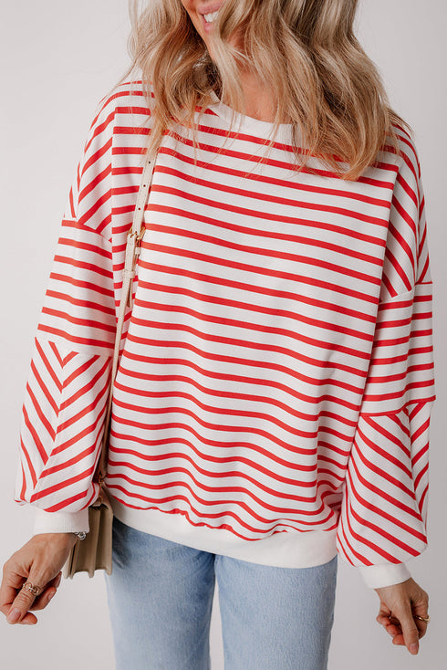 Striped Mock Neck Oversized Dolman Sleeve Pullover Sweatshirt