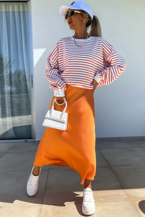 Striped Mock Neck Oversized Dolman Sleeve Pullover Sweatshirt