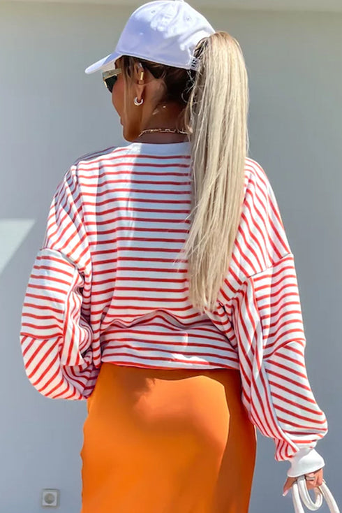 Striped Mock Neck Oversized Dolman Sleeve Pullover Sweatshirt