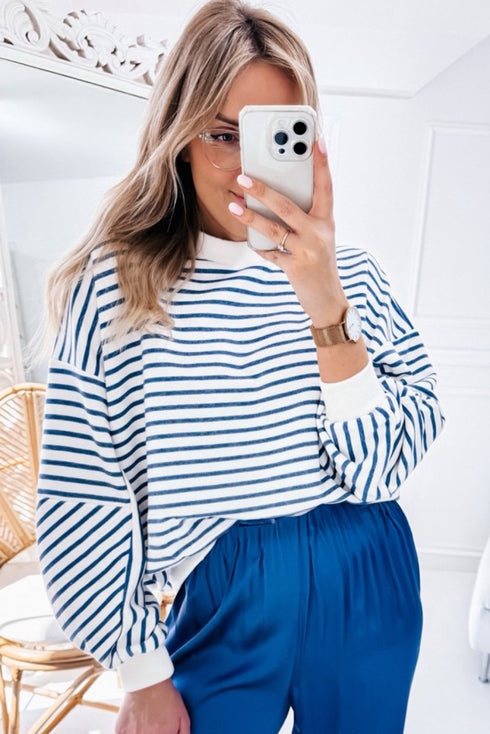 Striped Mock Neck Oversized Dolman Sleeve Pullover Sweatshirt