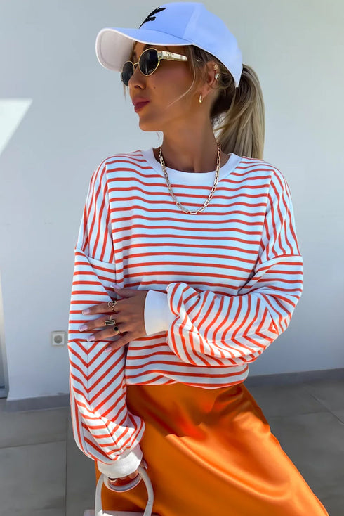 Striped Mock Neck Oversized Dolman Sleeve Pullover Sweatshirt