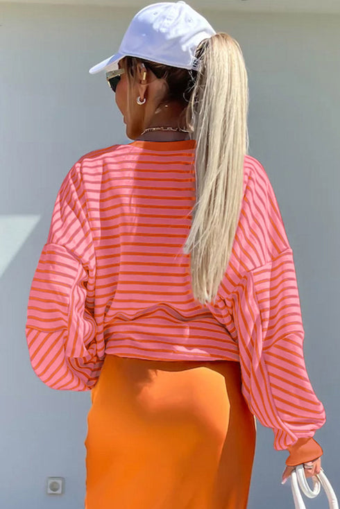 Striped Mock Neck Oversized Dolman Sleeve Pullover Sweatshirt