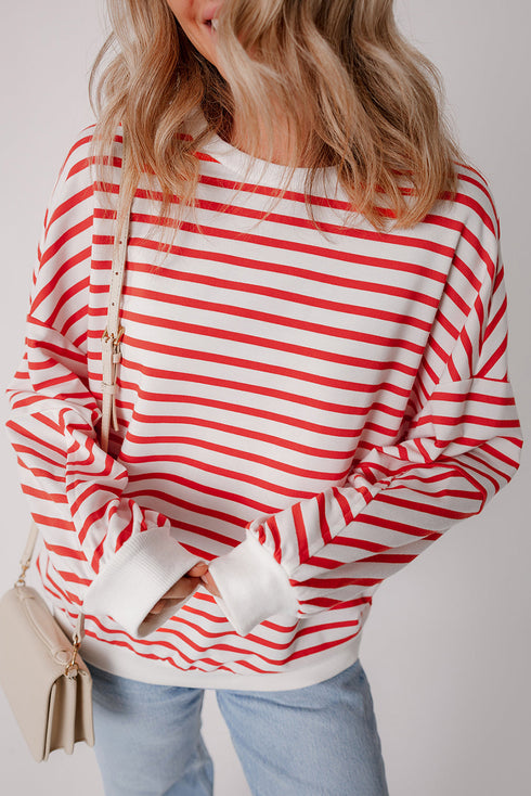 Striped Mock Neck Oversized Dolman Sleeve Pullover Sweatshirt