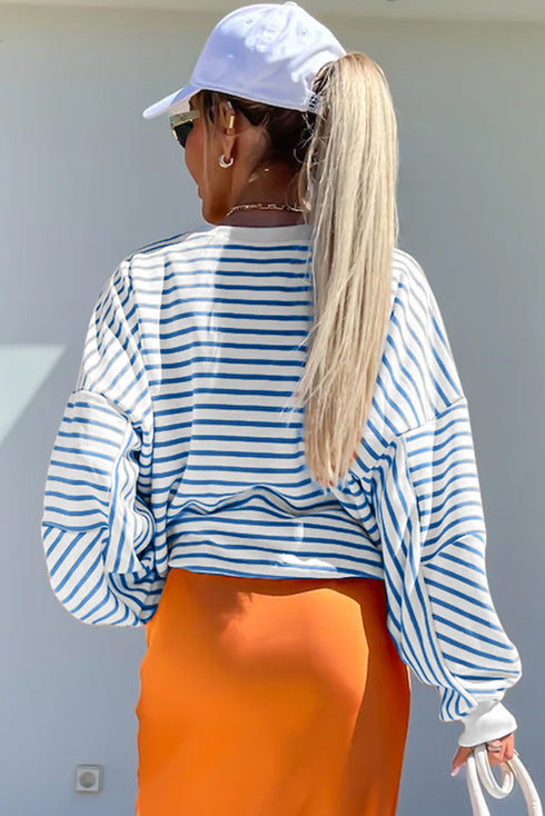 Striped Mock Neck Oversized Dolman Sleeve Pullover Sweatshirt