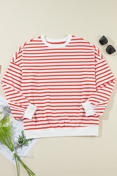 Striped Mock Neck Oversized Dolman Sleeve Pullover Sweatshirt