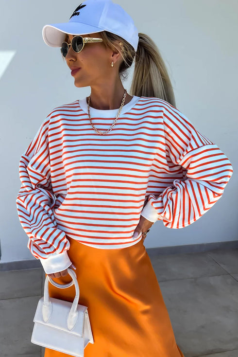 Striped Mock Neck Oversized Dolman Sleeve Pullover Sweatshirt