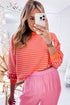 Striped Mock Neck Oversized Dolman Sleeve Pullover Sweatshirt