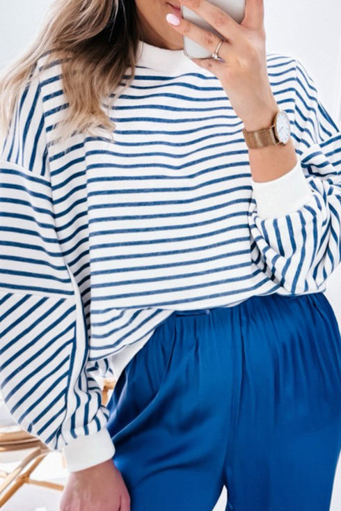 Striped Mock Neck Oversized Dolman Sleeve Pullover Sweatshirt