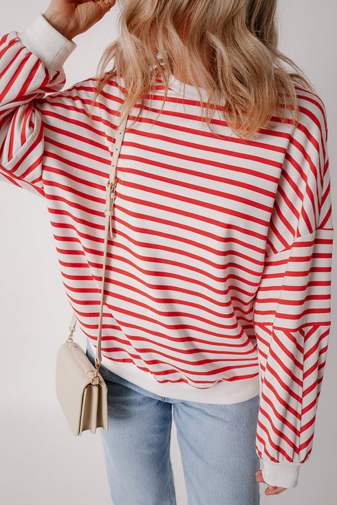 Striped Mock Neck Oversized Dolman Sleeve Pullover Sweatshirt