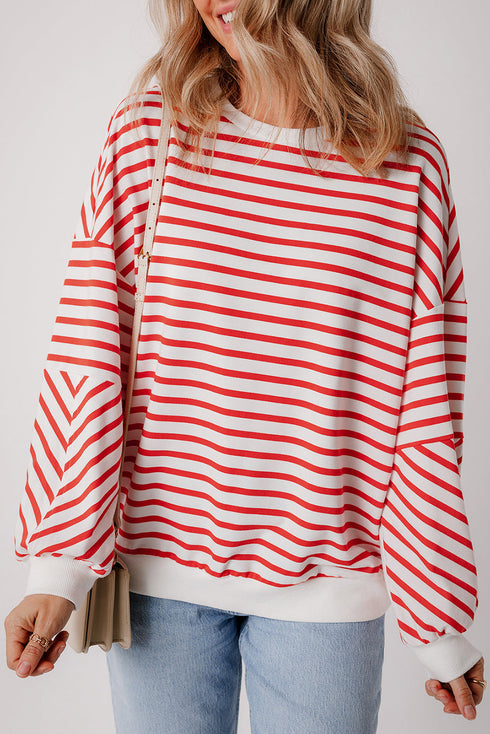Striped Mock Neck Oversized Dolman Sleeve Pullover Sweatshirt