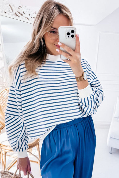 Striped Mock Neck Oversized Dolman Sleeve Pullover Sweatshirt