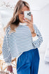 Striped Mock Neck Oversized Dolman Sleeve Pullover Sweatshirt