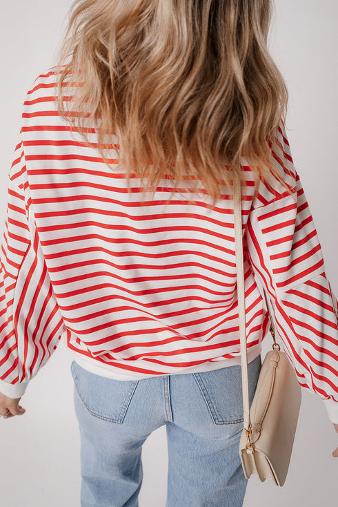 Striped Mock Neck Oversized Dolman Sleeve Pullover Sweatshirt
