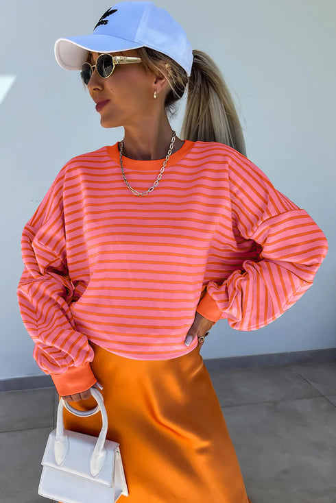 Striped Mock Neck Oversized Dolman Sleeve Pullover Sweatshirt