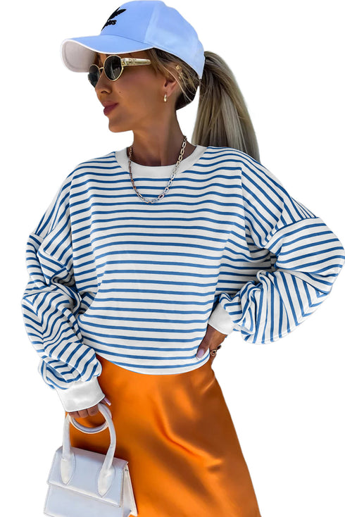 Striped Mock Neck Oversized Dolman Sleeve Pullover Sweatshirt
