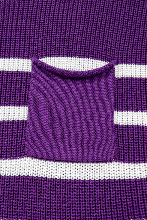 Striped Mock Neck Pocket Detail Short Sleeve Sweater