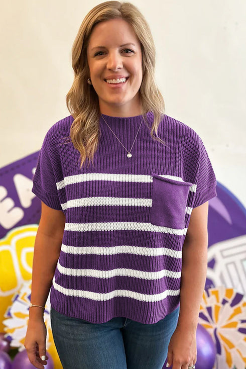 Striped Mock Neck Pocket Detail Short Sleeve Sweater