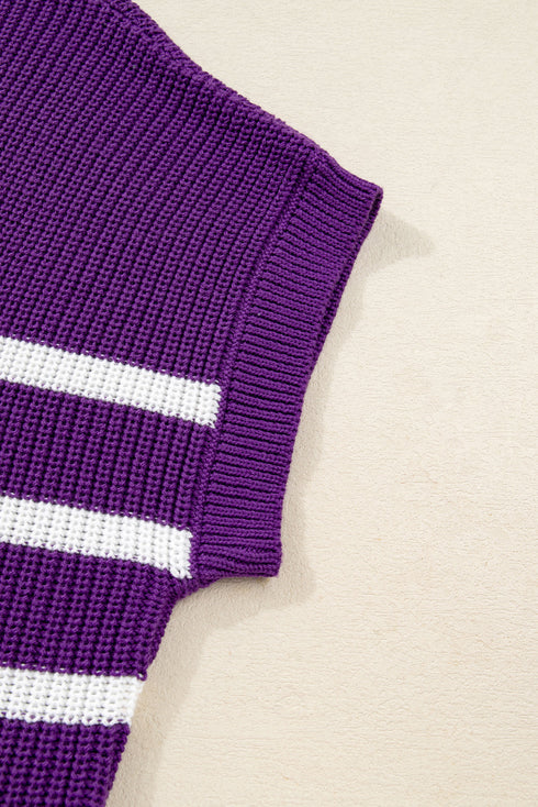 Striped Mock Neck Pocket Detail Short Sleeve Sweater