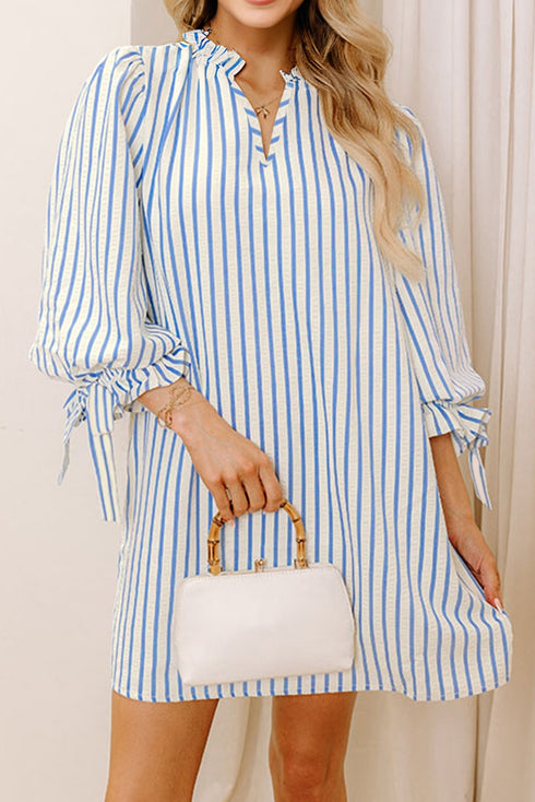 Striped Notched Neck Knotted Bracelet Sleeve Shift Mini Dress