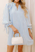 Striped Notched Neck Knotted Bracelet Sleeve Shift Mini Dress