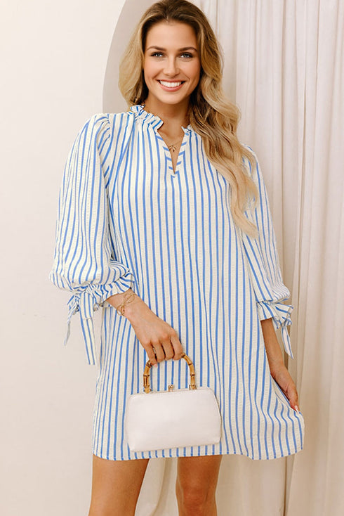 Striped Notched Neck Knotted Bracelet Sleeve Shift Mini Dress