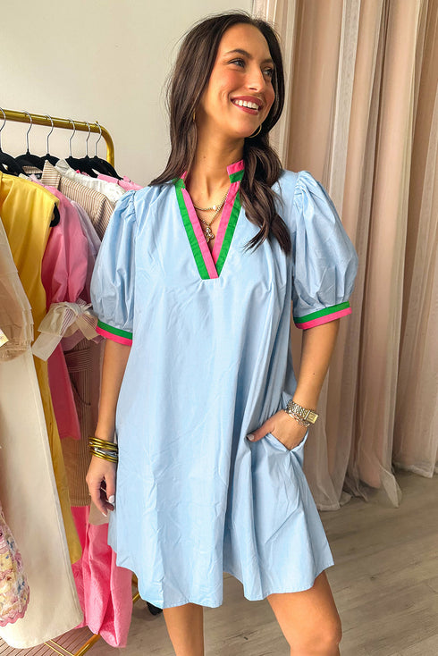 Striped Notched V Neck Puff Sleeve Tailored Trim Mini Dress