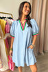 Striped Notched V Neck Puff Sleeve Tailored Trim Mini Dress