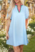 Striped Notched V Neck Puff Sleeve Tailored Trim Mini Dress