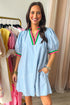 Striped Notched V Neck Puff Sleeve Tailored Trim Mini Dress