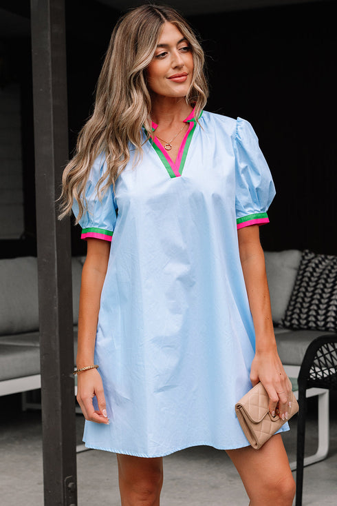 Striped Notched V Neck Puff Sleeve Tailored Trim Mini Dress