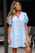 Striped Notched V Neck Puff Sleeve Tailored Trim Mini Dress