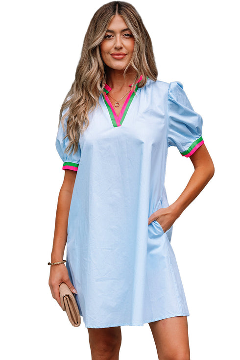 Striped Notched V Neck Puff Sleeve Tailored Trim Mini Dress