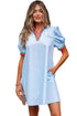 Striped Notched V Neck Puff Sleeve Tailored Trim Mini Dress