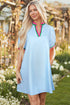 Striped Notched V Neck Puff Sleeve Tailored Trim Mini Dress