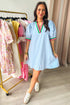 Striped Notched V Neck Puff Sleeve Tailored Trim Mini Dress