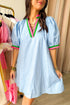 Striped Notched V Neck Puff Sleeve Tailored Trim Mini Dress