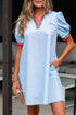 Striped Notched V Neck Puff Sleeve Tailored Trim Mini Dress