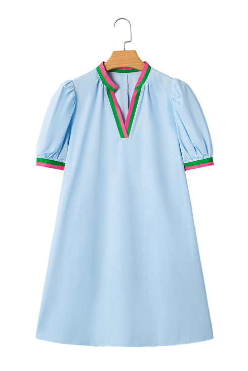 Striped Notched V Neck Puff Sleeve Tailored Trim Mini Dress