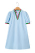 Striped Notched V Neck Puff Sleeve Tailored Trim Mini Dress