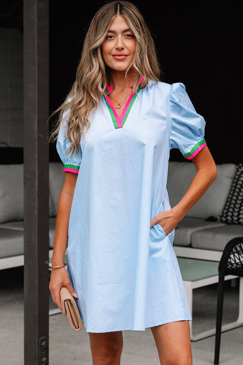 Striped Notched V Neck Puff Sleeve Tailored Trim Mini Dress