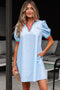 Striped Notched V Neck Puff Sleeve Tailored Trim Mini Dress