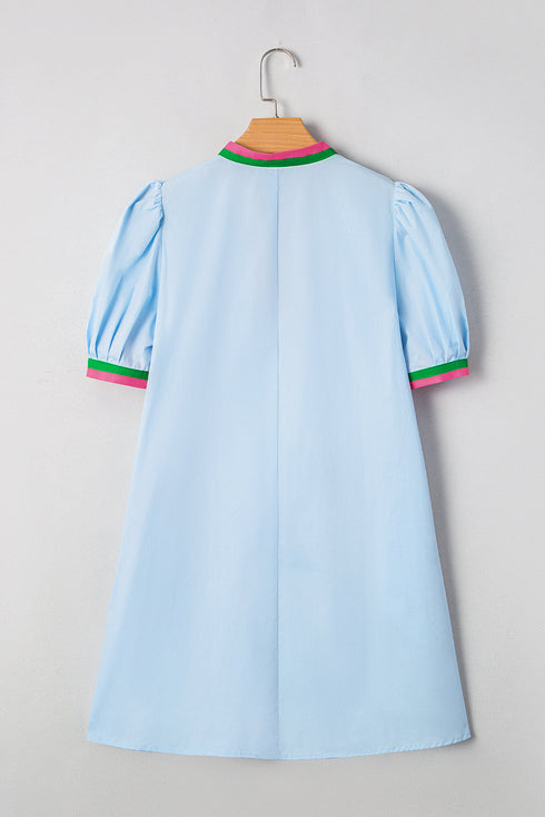 Striped Notched V Neck Puff Sleeve Tailored Trim Mini Dress