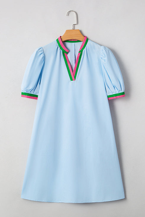 Striped Notched V Neck Puff Sleeve Tailored Trim Mini Dress