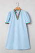 Striped Notched V Neck Puff Sleeve Tailored Trim Mini Dress