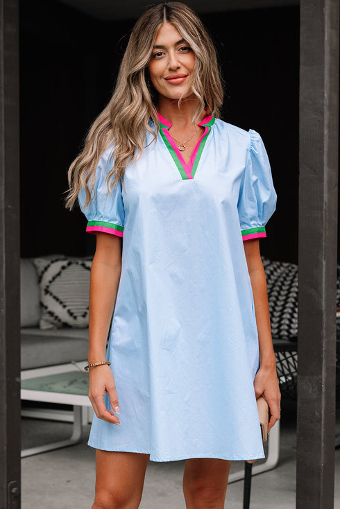 Striped Notched V Neck Puff Sleeve Tailored Trim Mini Dress